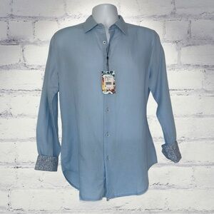 Robert Graham Linen Cotton Button Front Shirt Borsi Blue Classic Fit Small NWT